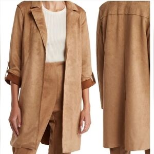 Tahari Cognac Faux Leather Open Front Roll-Tab Sleeve Long Blazer/Jacket - Sz XS